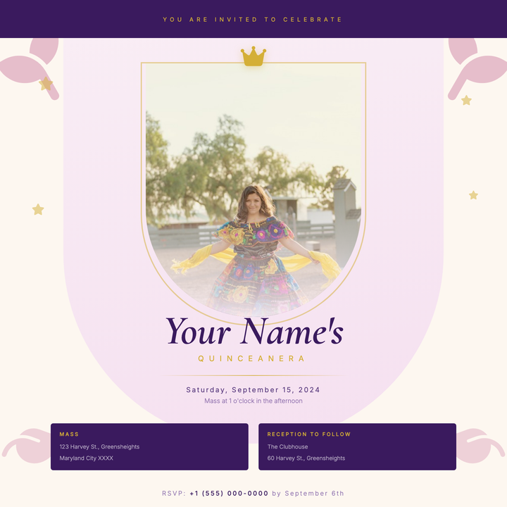 An arched portrait frame in soft blush rose gradients, trimmed with a 2px gold ring and topped with a crown icon, gives this invitation an heirloom, keepsake quality.