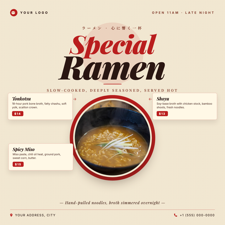 A warm cream-and-crimson layout built for Japanese ramen shops, izakayas, and noodle pop-ups.