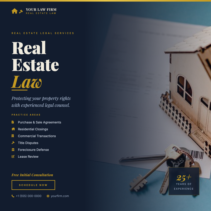 A navy-and-gold split-layout flyer built for law firms and legal advisors specializing in real estate.