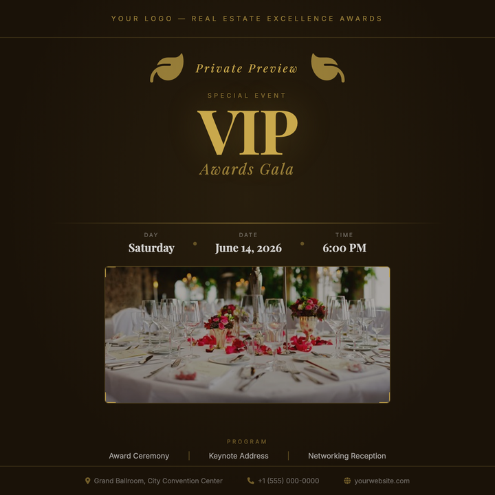 Designed for annual real estate awards galas and top-producer celebrations, this template pairs 100px Playfair Display bold headlines with an antique gold (#c9a84c) palette on a deep warm-black canvas.