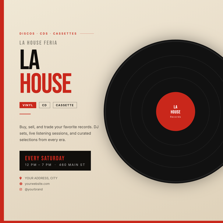 Built for indie record stores, vinyl fairs, and release parties, this template pairs a bold 100px Bebas Neue headline with an oversized vinyl graphic that bleeds off the right edge for instant visual tension.