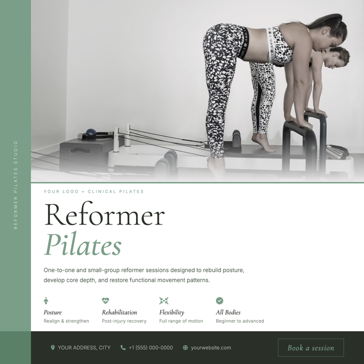 A split-canvas layout pairs a full-bleed photo panel with a sage-green structural spine and a Cormorant Garamond headline at 72px — giving boutique and rehabilitation-focused studios a calm, premium aesthetic.