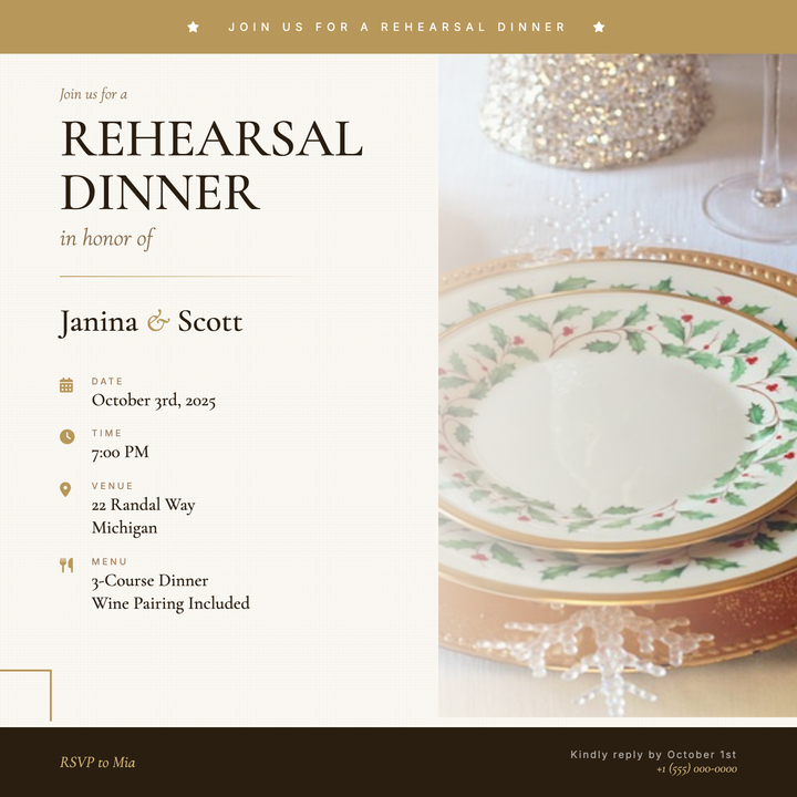 A warm, elegant template built for intimate pre-wedding dinners, with a linen-textured cream canvas, dual-gold accent bands framing the top and bottom, and a fading tableware photograph on the right.