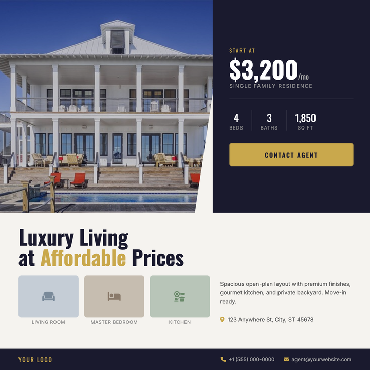 A navy-and-gold split-layout flyer built for mid- to high-end residential rentals.