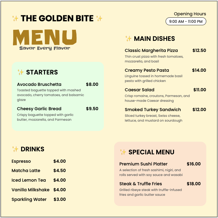 Appetizing restaurant flyer templates featuring food photography that highlights your signature dishes, specials, and happy hour deals.