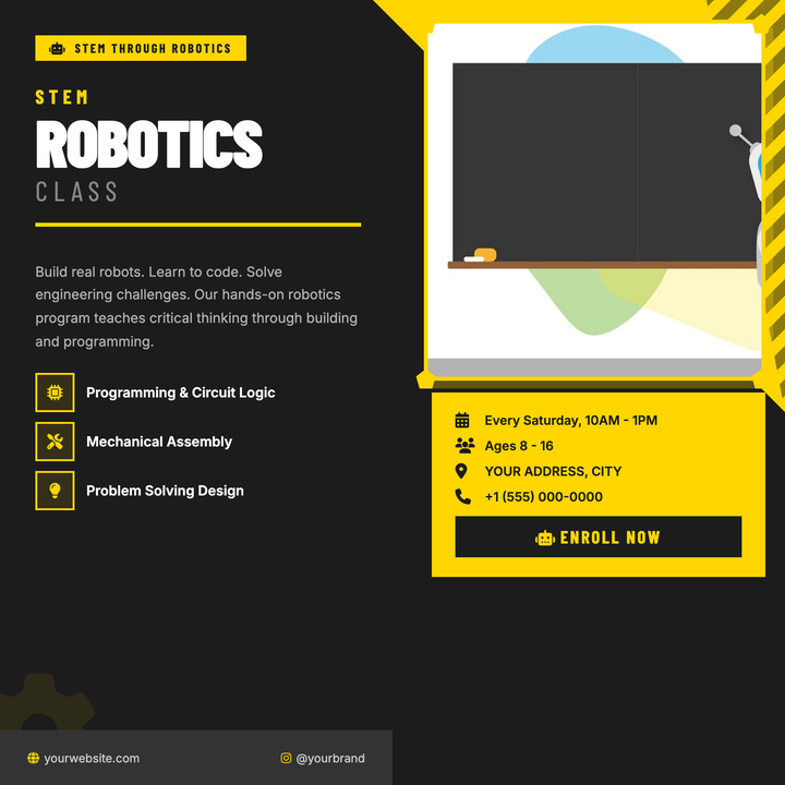 Built on a near-black base with bold construction-yellow accents, this template pairs a three-line typographic headline tower with a bordered photo panel and diagonal hazard-stripe texture for industrial energy.