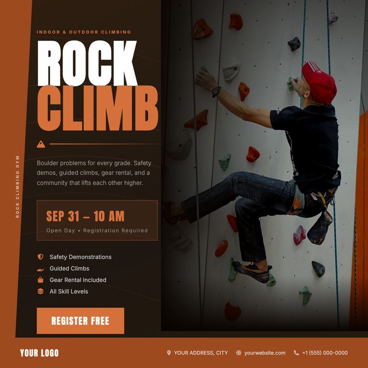 Built on a deep dark-brown canvas with topographic contour texture, this template pairs a full-bleed climber photo with a massive Anton headline and a rust diagonal accent column for instant visual impact.