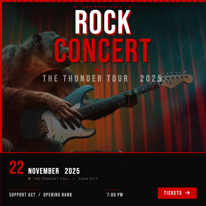 A dark, high-voltage gig poster built around a full-bleed stage photo crushed to near-black at the edges, with a 130 px Bebas Neue headline and sharp red (#CC0000) accents — torn-stripe top border, red spine, and bold date callout.