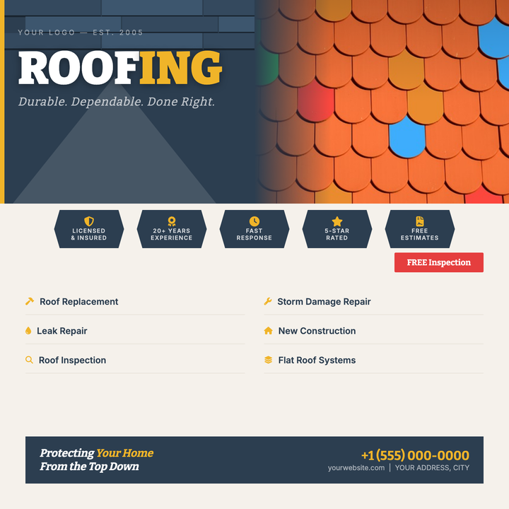 A bold two-zone layout built for roofing and exterior contractors.