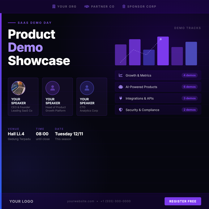 Built for SaaS demo days, product launches, and startup pitch events where speaker credibility and track lineup must share a single square asset.