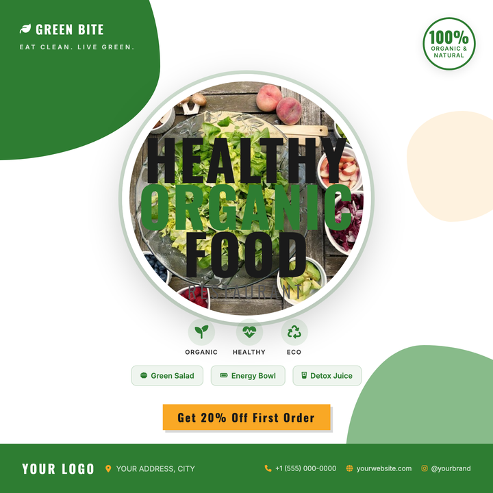 Bold Oswald headlines, a circular hero photo, and layered forest-green blob shapes give this square template a fresh, energetic feel.