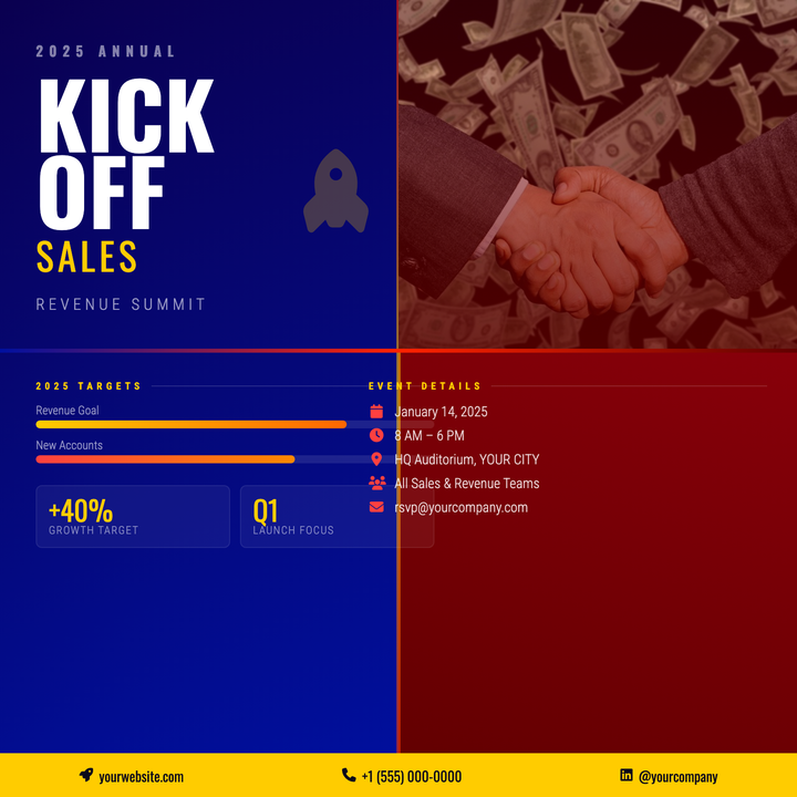 A bold split-hemisphere layout with deep navy-blue and corporate crimson gradients that instantly signals ambition and momentum.