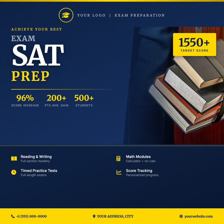 A gold-on-navy institutional flyer built for SAT, ACT, and college-entrance exam prep programs.