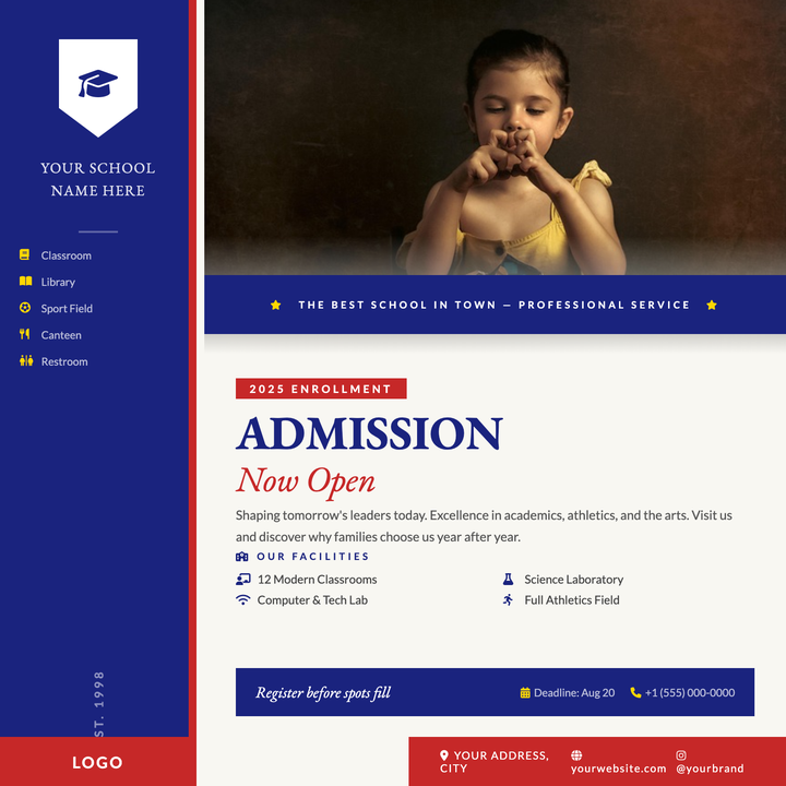 A navy-and-crimson institutional layout built for schools promoting enrollment and open house events.