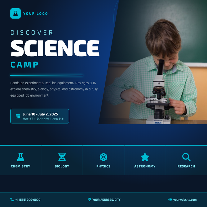 Built on a deep navy-to-black radial gradient, this template pairs an 88 px bold "Science" wordmark with a cyan glow-line divider and diagonal photo panel for a sharp, futuristic-educational look.