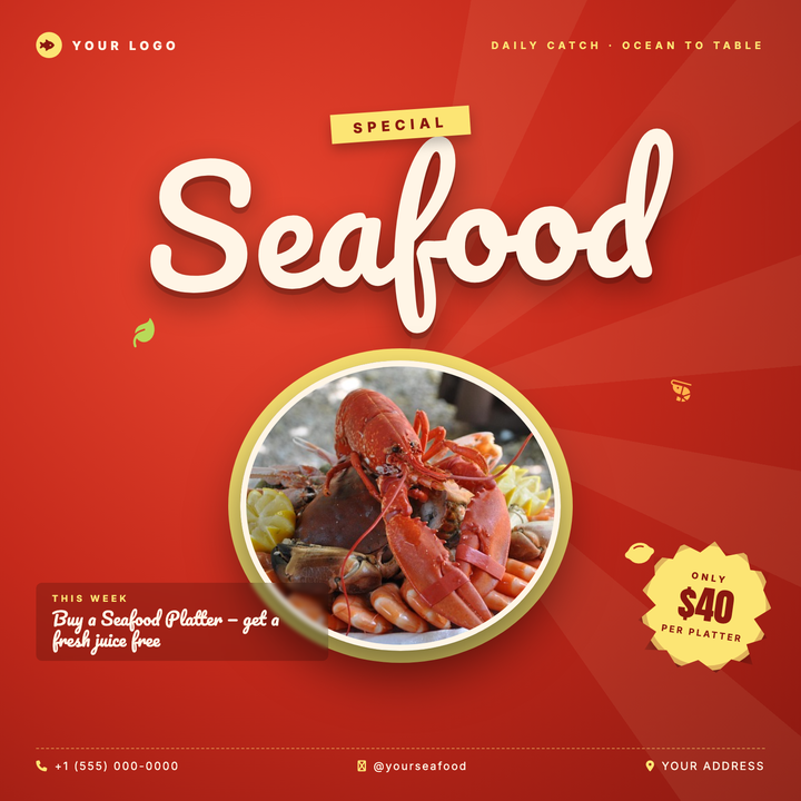 Built on a deep red radial gradient with a conic sunburst overlay, this template puts a Pacifico 156px headline and an oval-cropped hero dish photo front and center.
