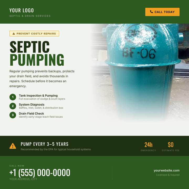 Built for septic pumping and drain cleaning companies, this flyer pairs an oversized headline with a step-diagram layout and bold warning-banner statistics to educate homeowners and drive calls.