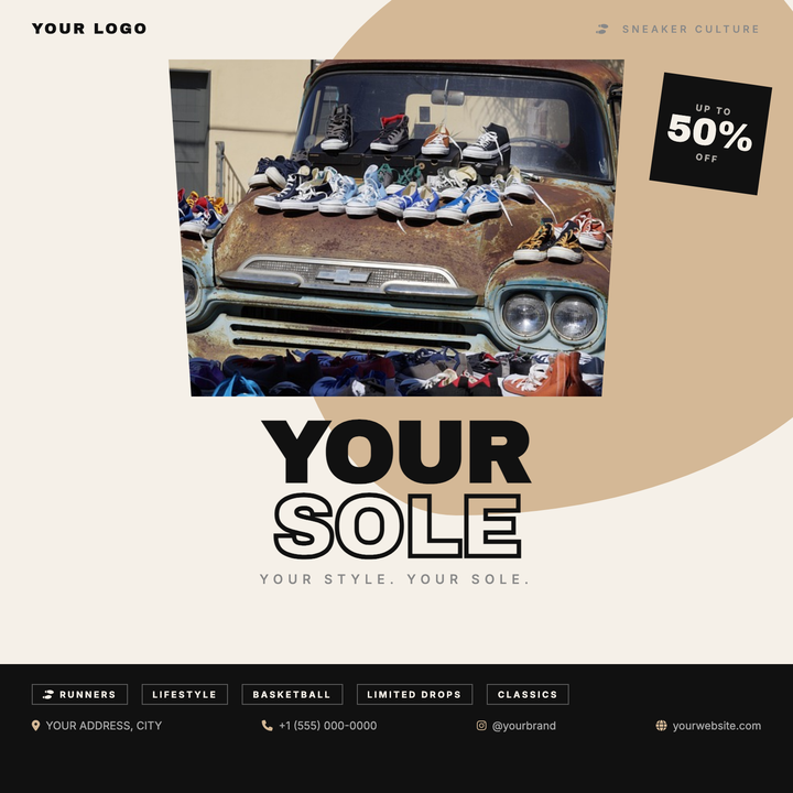 A bold 800×800 retail flyer built around a trapezoid-clipped hero photo, a rotated sale badge, and a massive 88px Archivo Black headline — designed to stop the scroll.