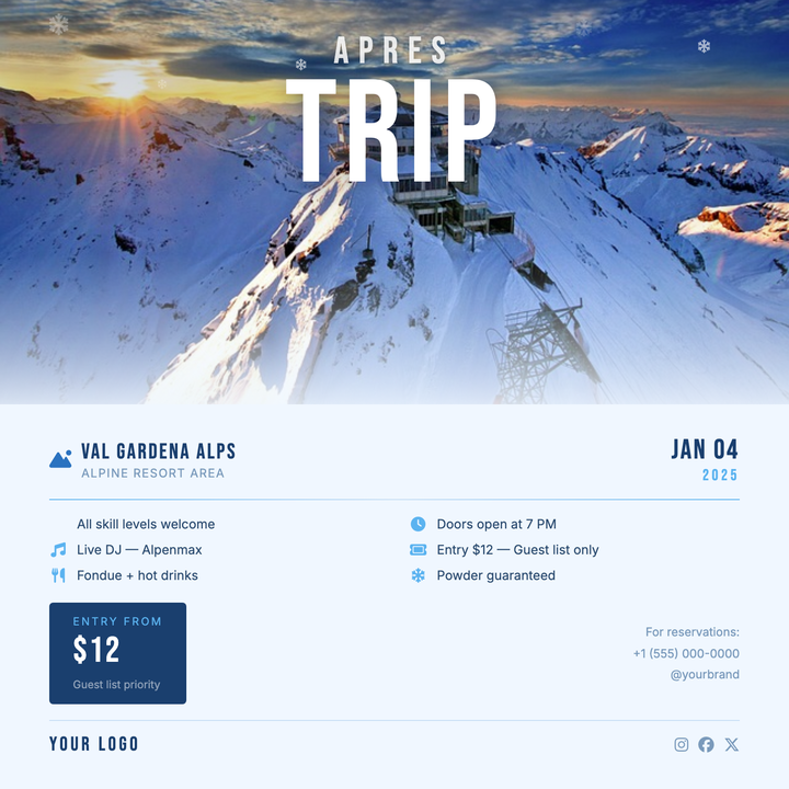 Built around a full-bleed alpine photo with a navy-to-ice gradient scrim, this template stacks a bold Bebas Neue typographic tower — "SKI" in ice blue at 100px, the main headline at 148px — for instant visual impact.
