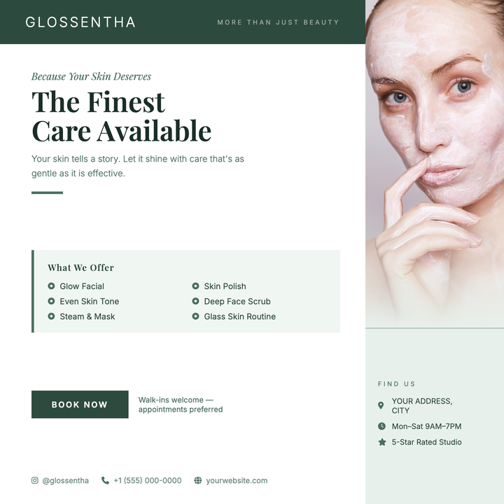 A refined two-column layout in forest green and sage white, built for boutique skincare studios and spas.