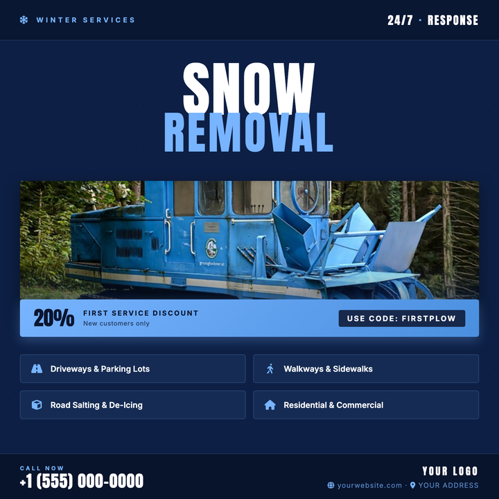 Bold Anton condensed headlines in deep-navy and icy periwinkle blue set an urgent, cold-weather tone for plow and de-icing promotions.