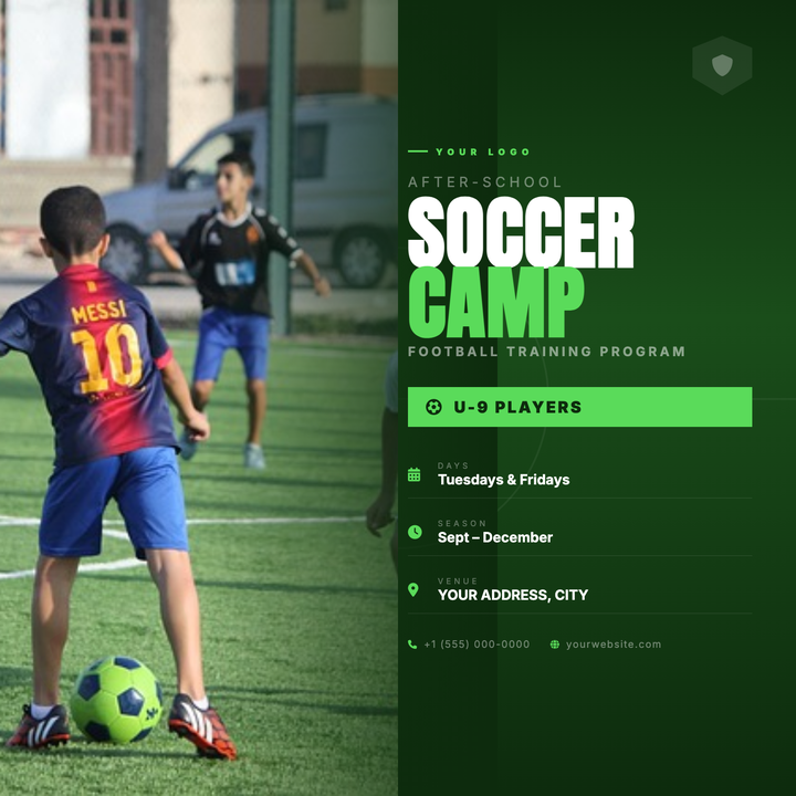 A bold split-layout flyer with a full-height action photo fading seamlessly into a deep turf-green text panel.