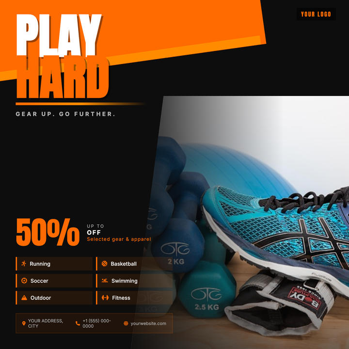 Bold dark-field layout with kinetic orange diagonal slashes and oversized Anton numerals that punch sale figures at 72 px.
