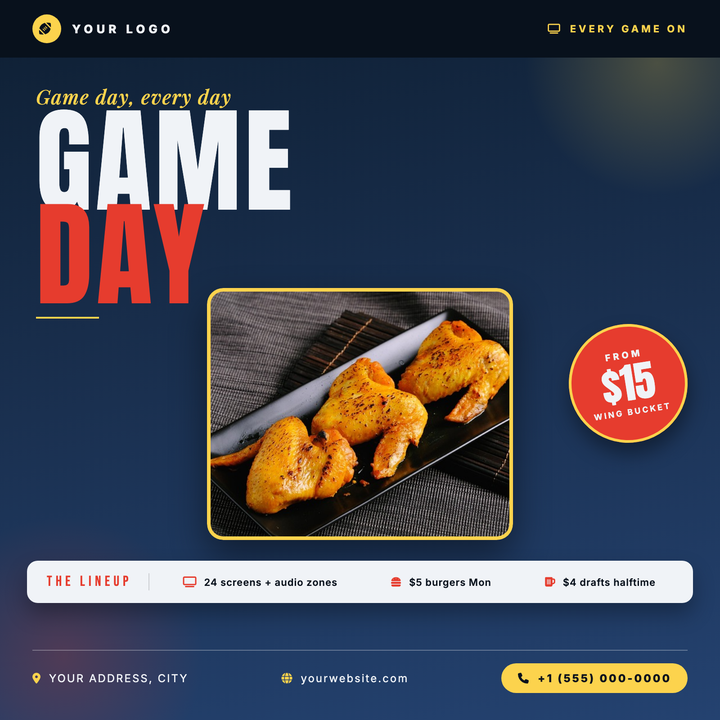 Built for game day promos and watch-party nights, this template pairs towering Bungee Inline headlines with an electric lime-on-navy color scheme for instant stadium energy.