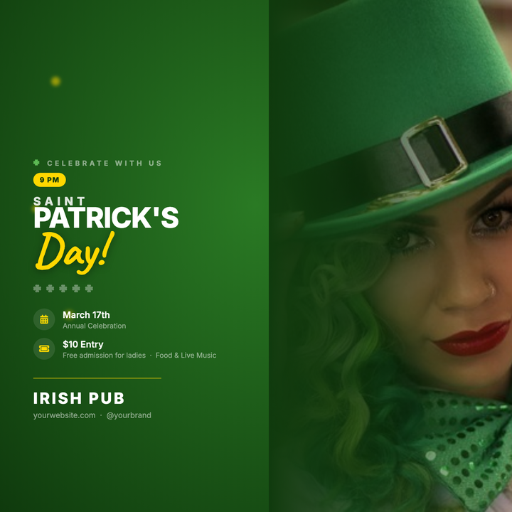 A moody emerald-and-gold social square built for pub nights and Irish-themed events.
