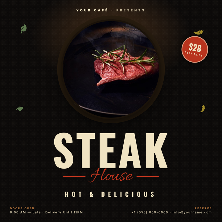A dark, rustic-premium layout built for steakhouses and grill kitchens promoting a nightly or weekly dish special.