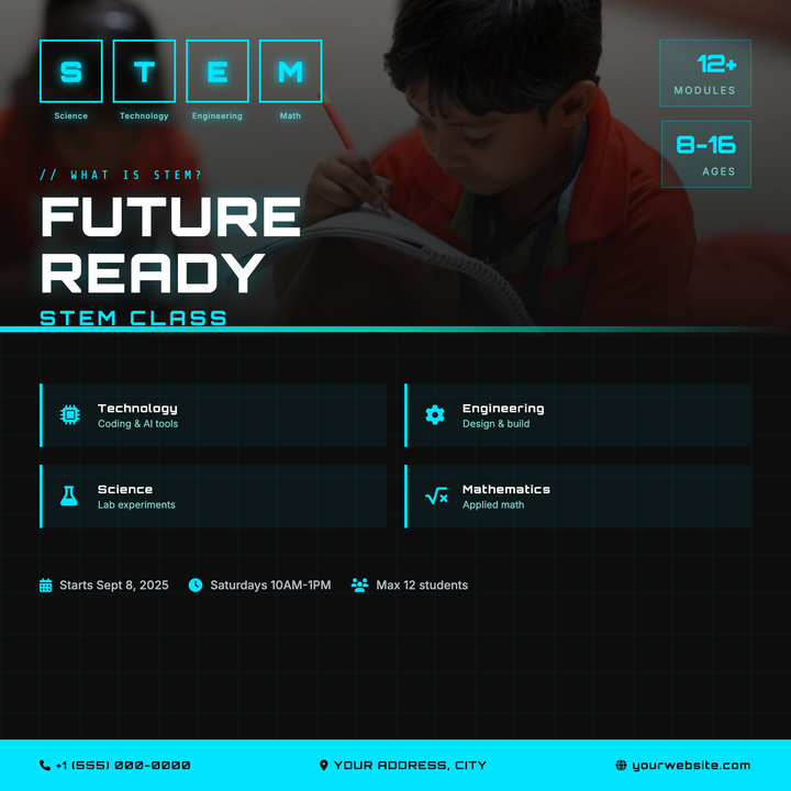 Built for coding clubs, robotics camps, and STEM intensives, this flyer pairs a full-bleed photo hero with a near-black body section divided by an electric cyan accent bar.