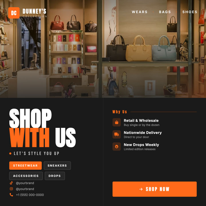 Bold two-zone layout pairs a full-bleed hero photo with a near-black editorial shelf below.