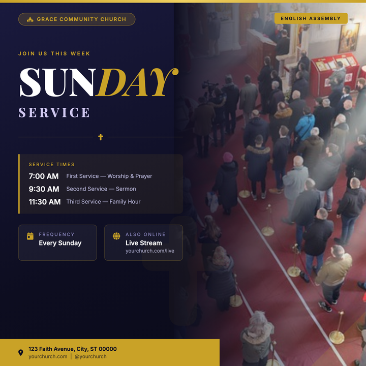 A navy-and-gold church announcement flyer built around a bold 84px Playfair Display headline with an italic gold accent span.