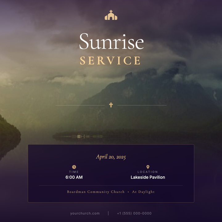 A full-bleed sunrise photograph glows through a layered purple-to-amber scrim, keeping Cormorant Garamond serif headlines legible at both top and centre.