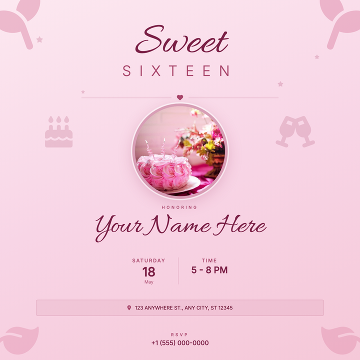A warm rose-pink square invite built around a circular portrait photo, Allura script headlines, and delicate floral corner accents.