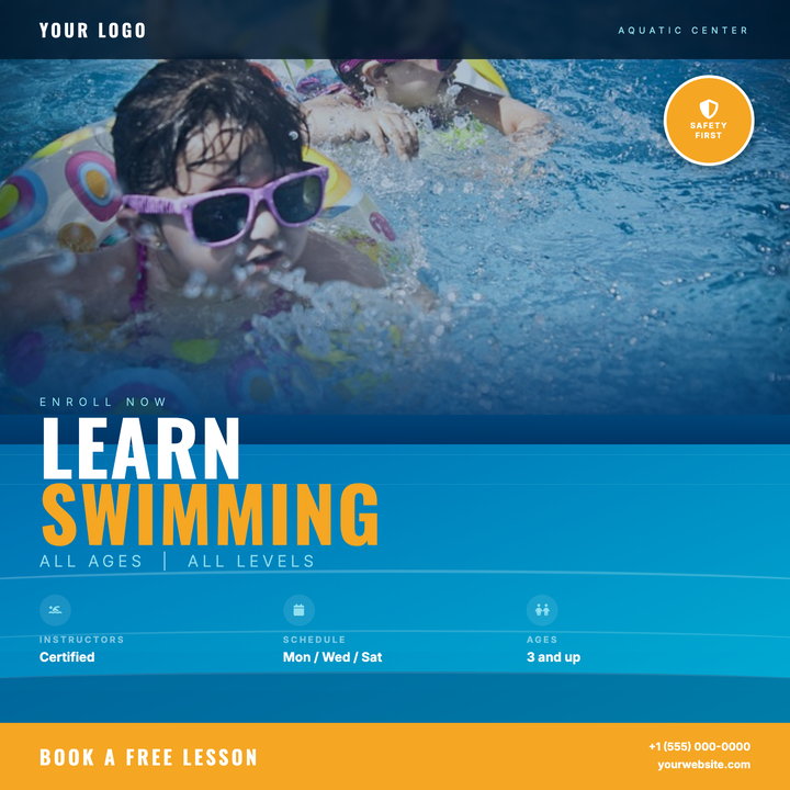 A deep navy-to-cyan gradient canvas with CSS wave motifs creates an immersive aquatic backdrop for swim schools, community pools, and summer camps.