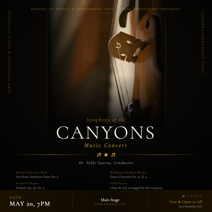 A formal playbill-style design built on a near-black radial gradient with warm gold accents and Cormorant Garamond serif display type.