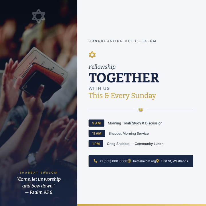 A two-column square layout pairing a full-bleed photo with a navy-and-gold typographic program panel.