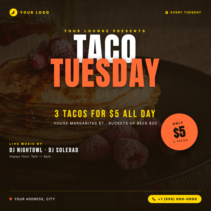 A bold, late-night dining flyer built on a dark warm-brown canvas with a dimmed center photo and radial veil for atmospheric depth.