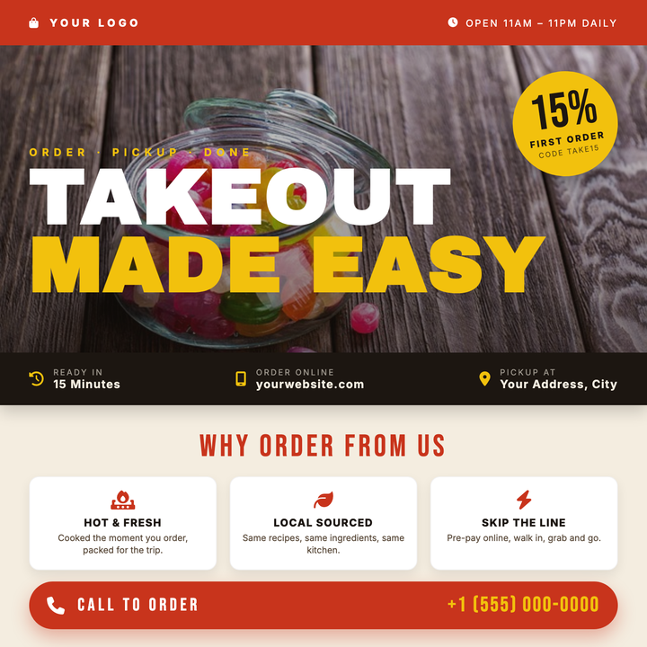 A bold red-and-yellow layout built for restaurants and fast-casual spots launching or promoting pickup and curbside ordering.