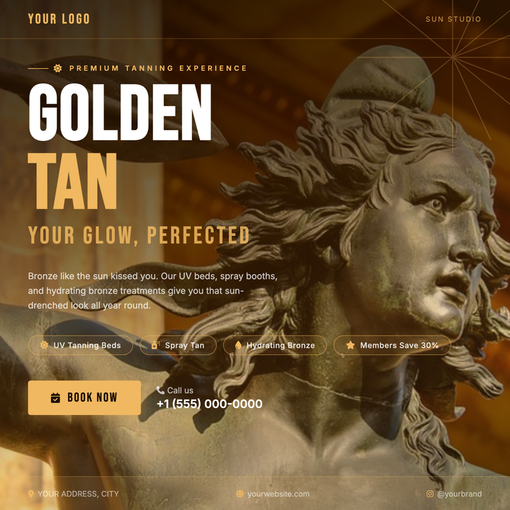A warm, sun-drenched 800×800 design built for tanning salons and spray-tan studios.