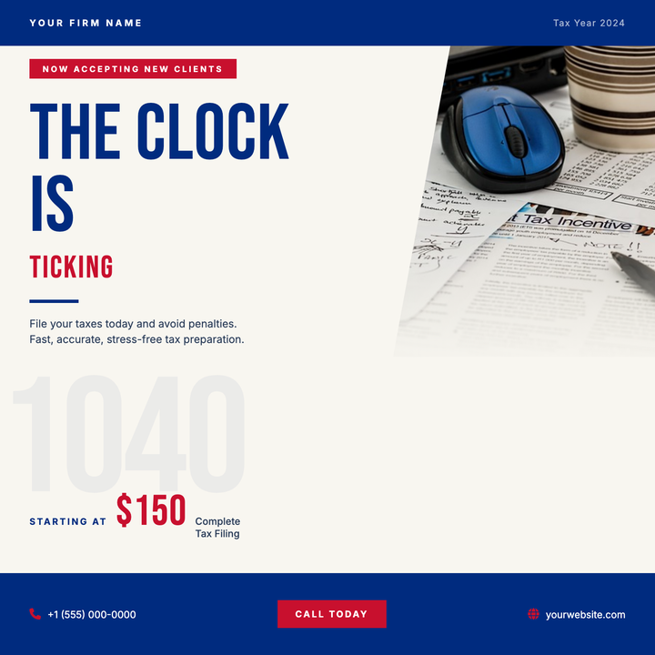 A conversion-focused tax season flyer built around an oversized Bebas Neue headline in deep federal blue, a bold red urgency tag, and a prominent price anchor.