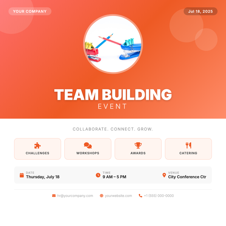A coral-to-orange gradient hero zone paired with a clean white lower panel makes key logistics easy to scan at a glance.