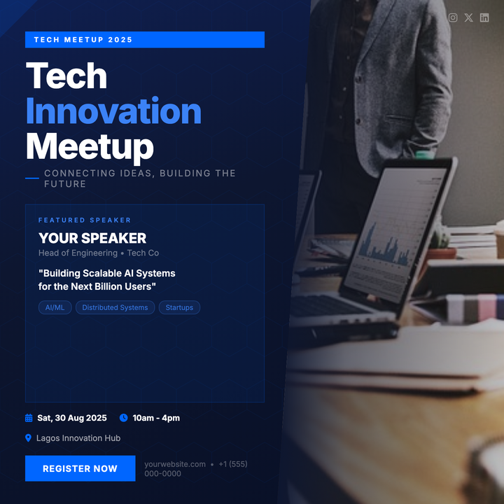 Built on a deep navy gradient with a subtle hexagon texture, this flyer pairs bold 56px weight-800 typography with an angled photo panel that bleeds a speaker or venue image into the dark field.
