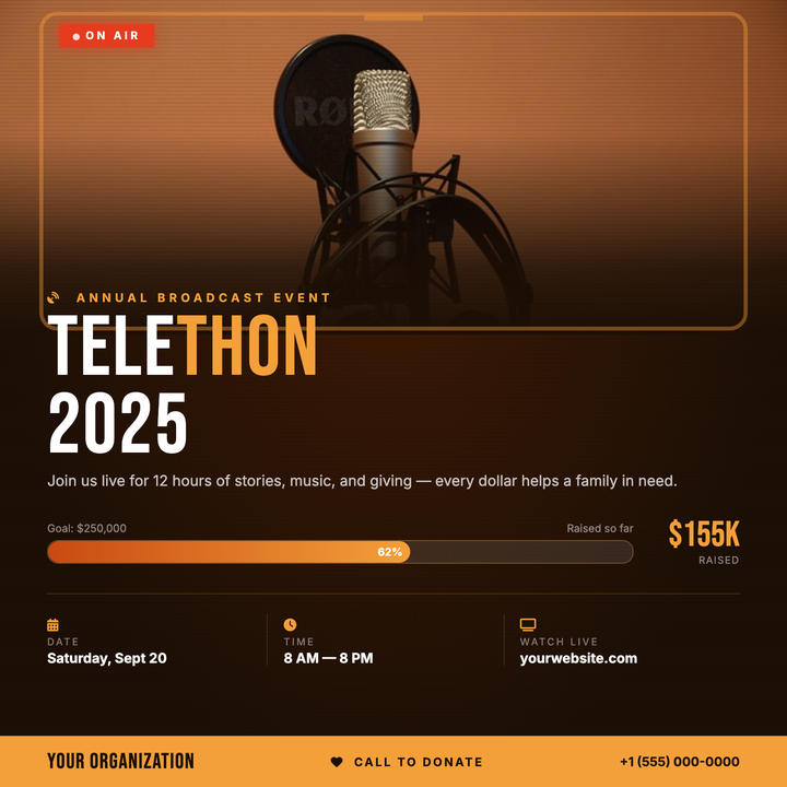 Built for live broadcast fundraisers, this template layers a full-bleed photo panel behind Bebas Neue headlines in warm amber, with a scanline texture and ON AIR badge that signal on-screen urgency.