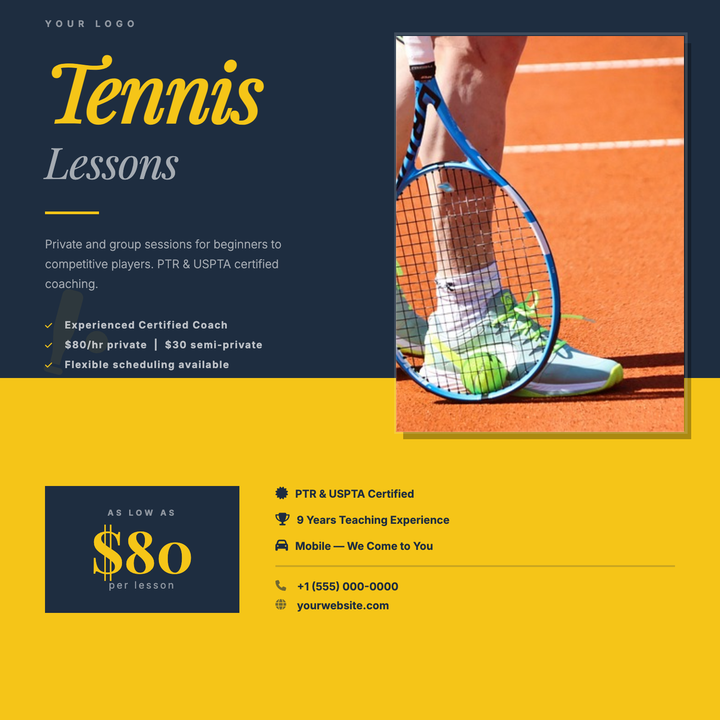 A bold navy-and-yellow split-panel layout built for coaches and instructors who need to communicate credentials, pricing, and contact details fast.