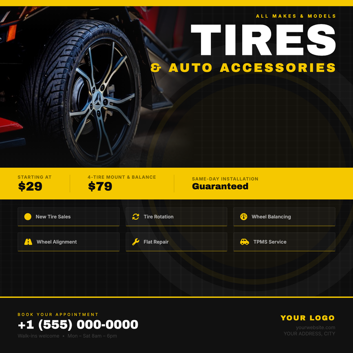Bold industrial layout built on a near-black crosshatch field with a diagonal photo zone and a full-width safety-yellow price band that cuts across the composition.