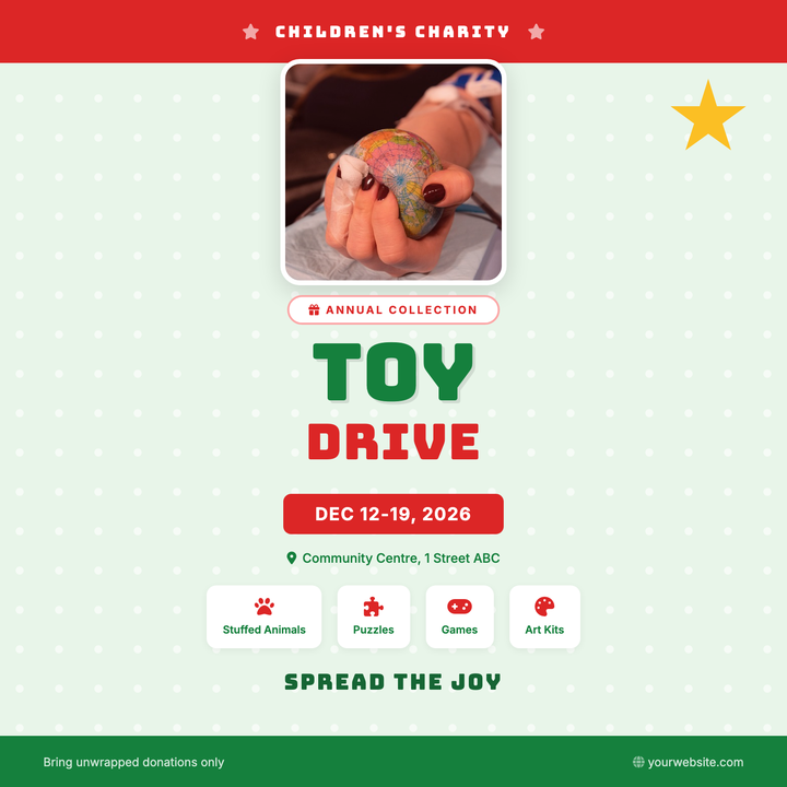 Bold Bungee display type, a red-and-green palette on a polka-dot mint canvas, and a centered photo block make this flyer instantly legible at social-post scale.
