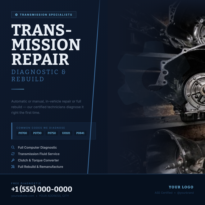 Built on a deep navy canvas with gear-ring motifs and a split photo-strip layout, this template projects engineered precision for transmission shops and drivetrain specialists.