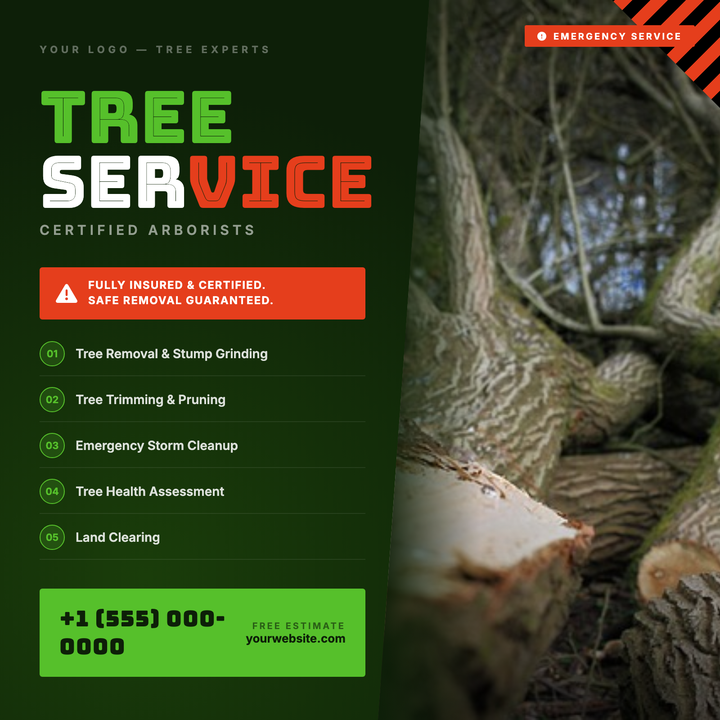 Bold Bungee Inline typography at 80px commands attention against a deep forest-dark radial gradient, while a diagonal-clipped photo bleeds into the canvas for a rugged, seamless look.
